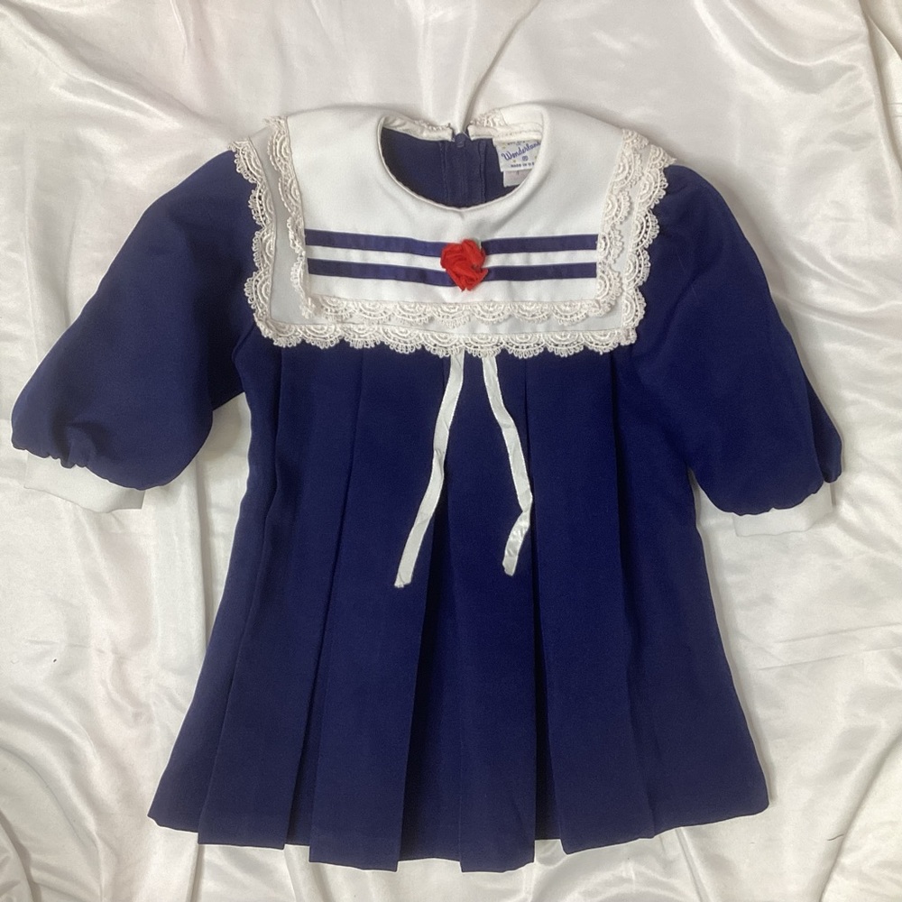 Vintage toddler size 4 Navy Blue white bib pleated dress